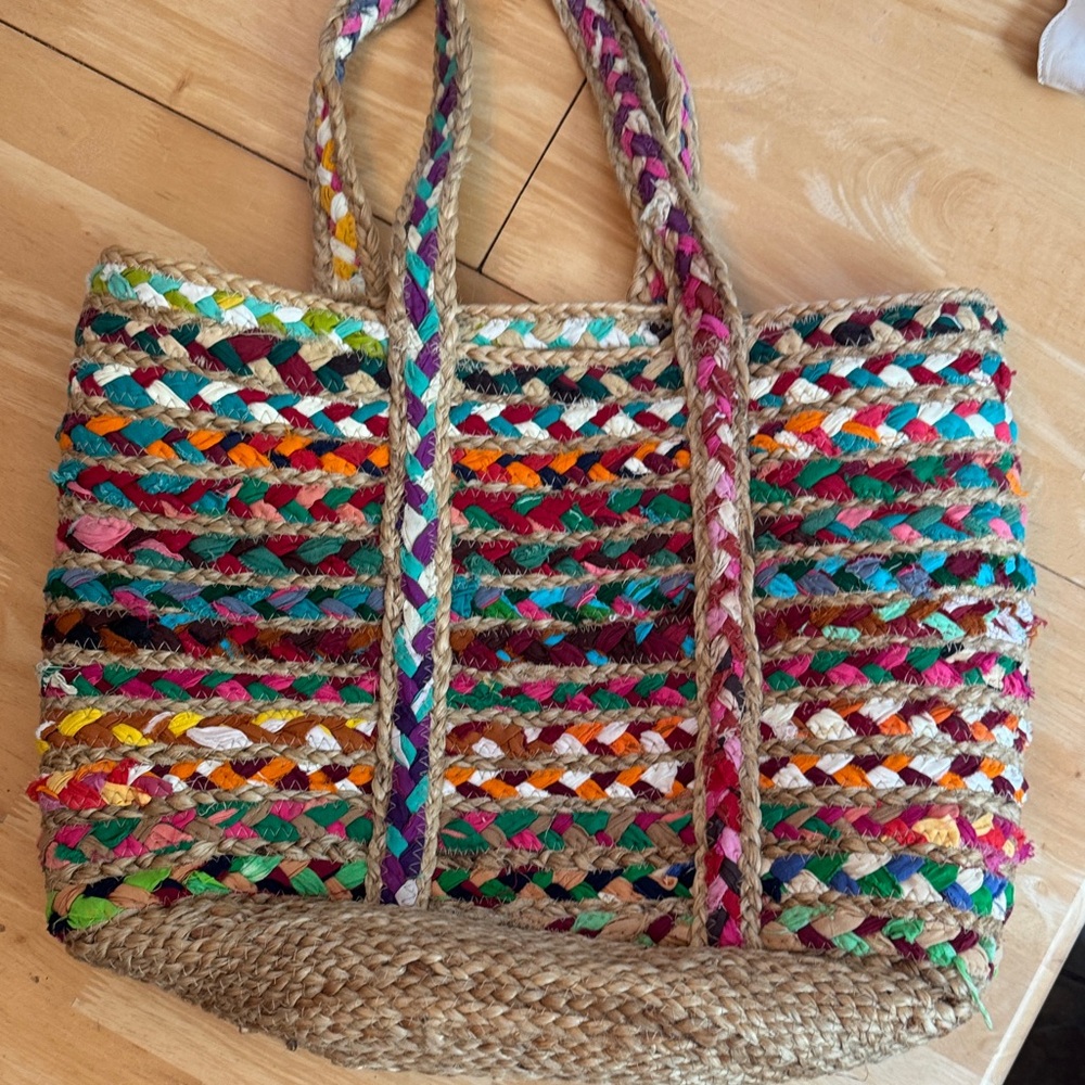 America & Beyond Jute Handwoven Multicolor Straw Tote Bag with Braided Handles